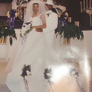 Beautiful lace white wedding gown,wide shoulder strap revealing partial back